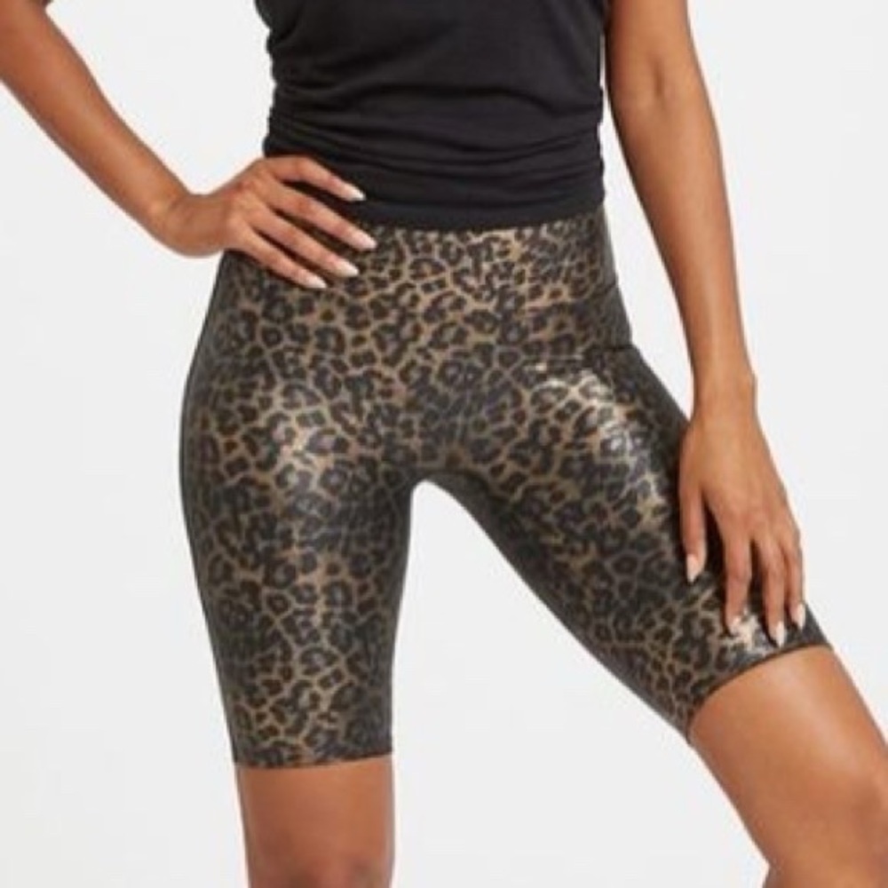 Spanx Faux Leather Printed Bike Shorts Metallic Leopard Animal Print Size S